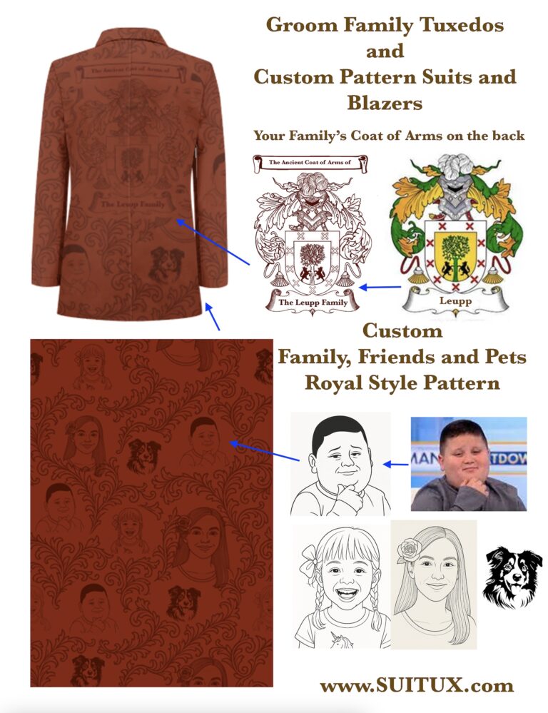 Custom wedding tuxedo with black on black family crest and last name personalization