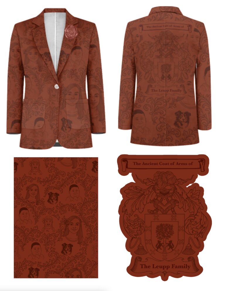 Custom wedding tuxedo with color on color pet faces and family member details