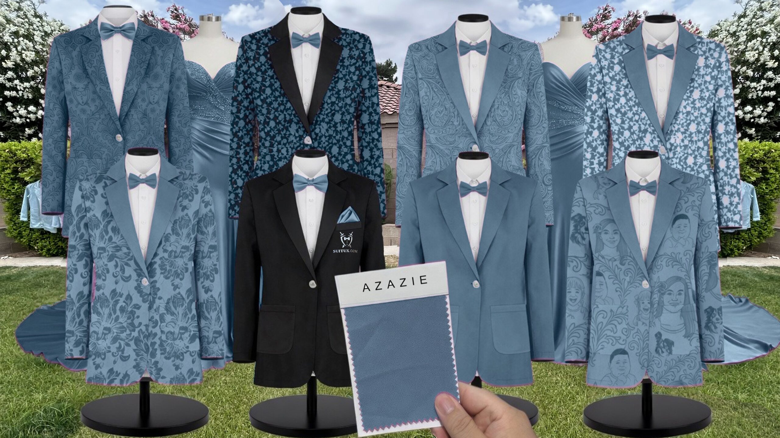 Bermuda Shrubbery Suit and Tuxedo – Exact Color Match for Azazie Bridesmaid Dresses