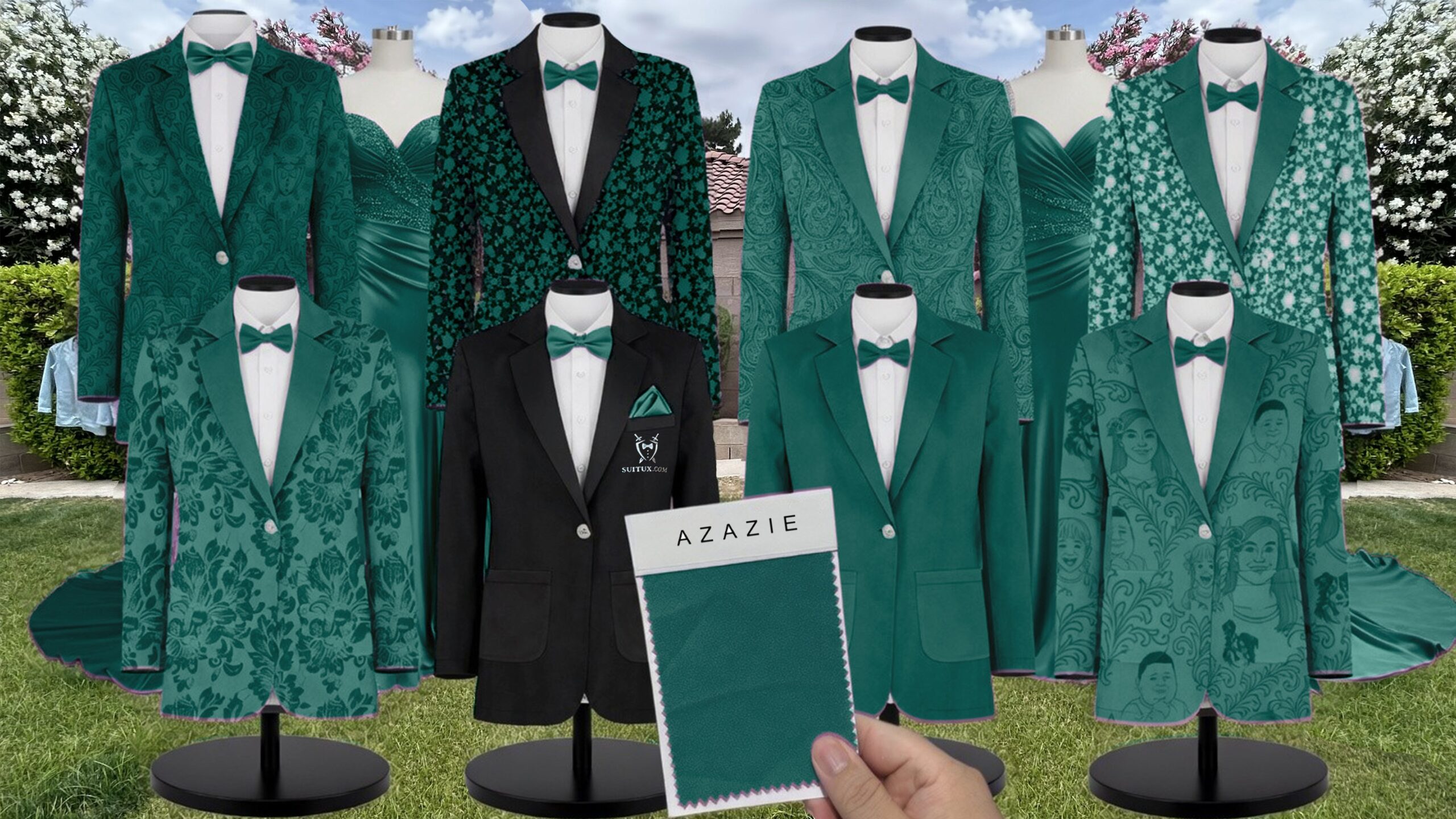 Azazie Stretch Crepe Dark Green Suit and Tuxedo – Exact Color Match for Azazie Dresses