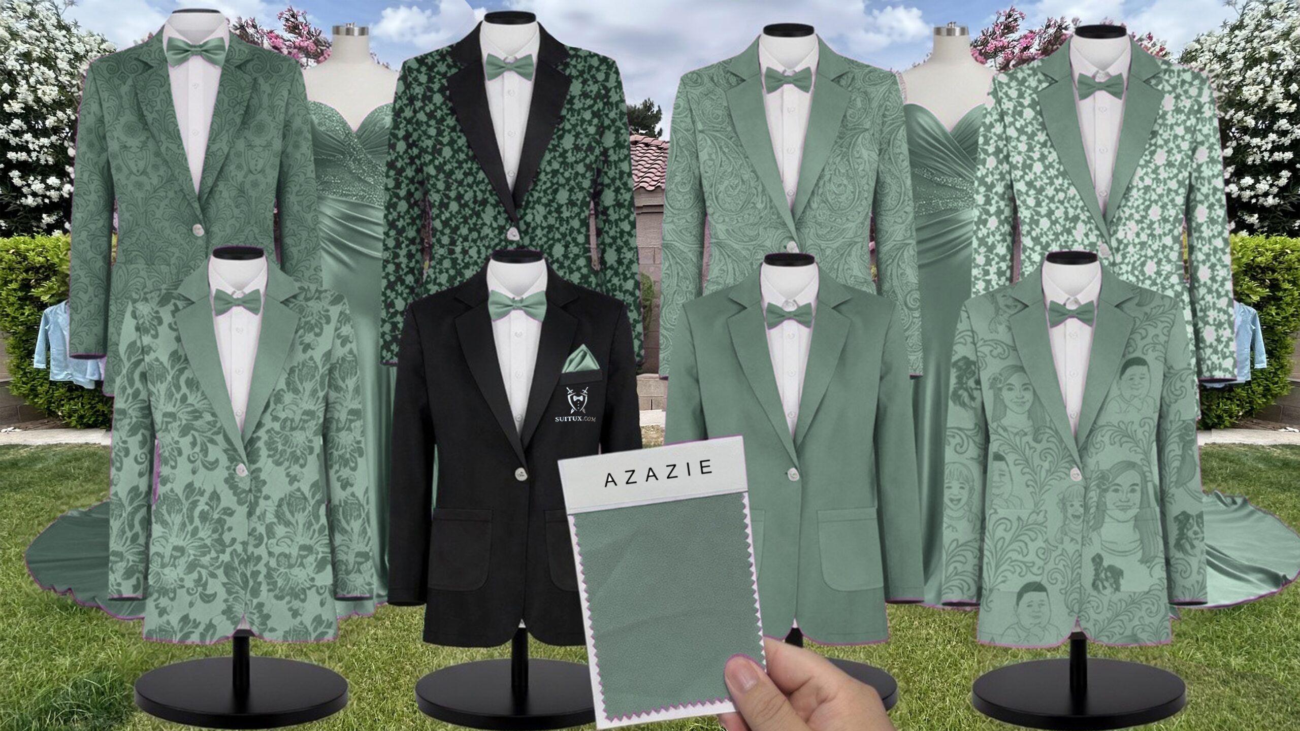 Azazie Metallic Satin Eucalyptus Suit and Tuxedo – Exact Color Match for Azazie Dresses