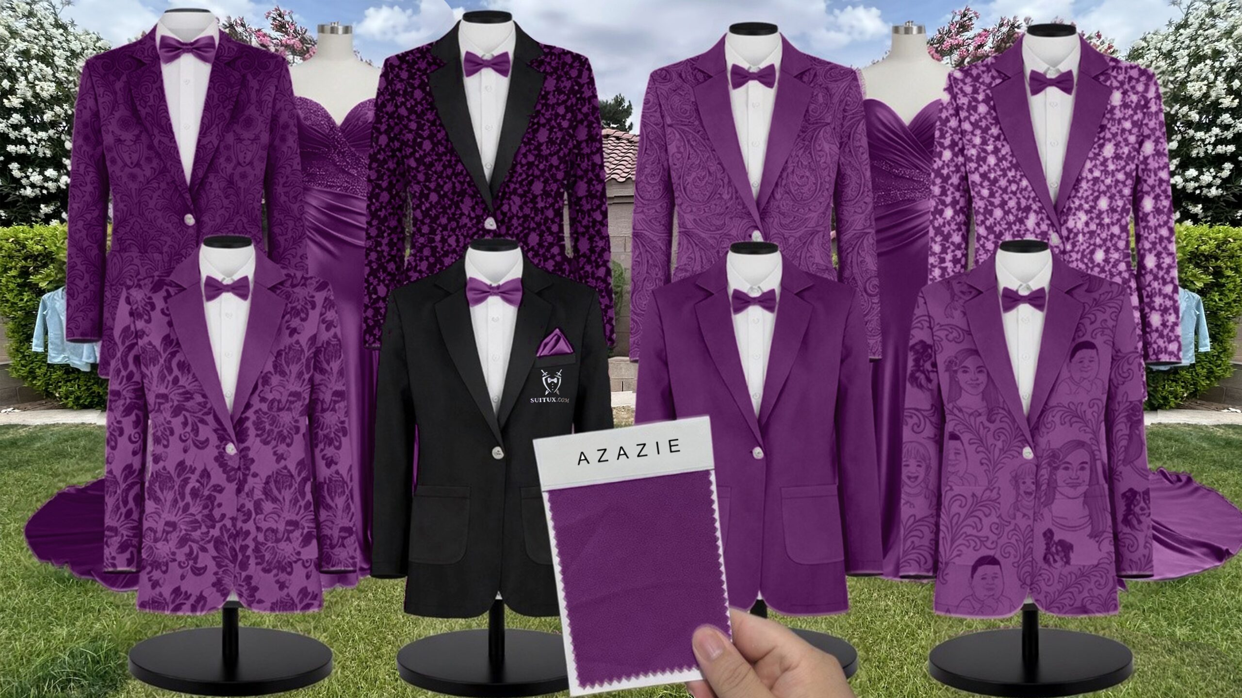 Azazie Stretch Satin Grape Suit and Tuxedo – Exact Color Match for Azazie Dresses