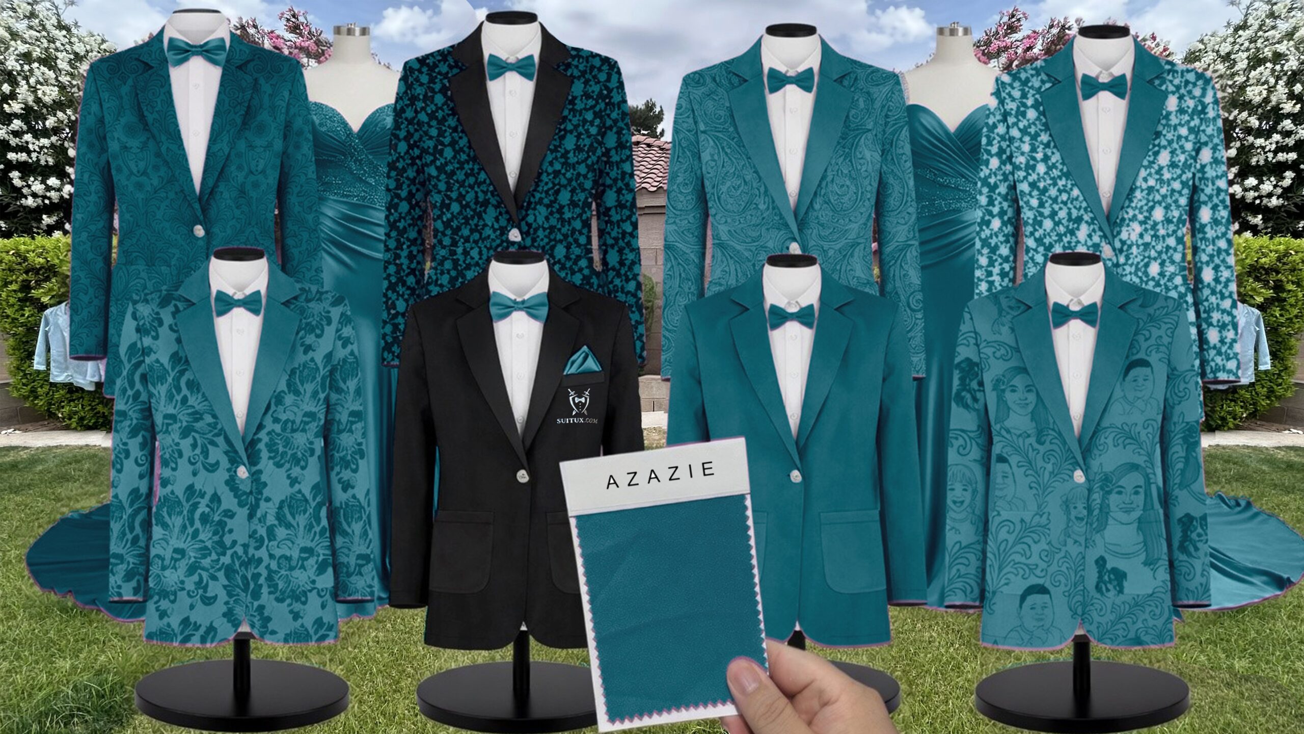 Azazie Stretch Crepe Peacock Suit and Tuxedo – Exact Color Match for Azazie Dresses