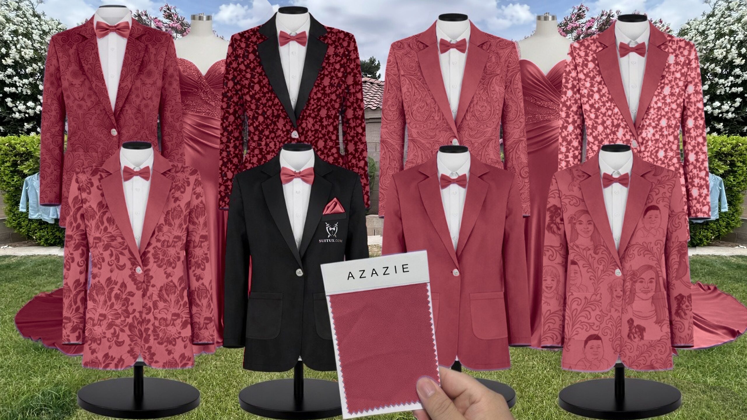 Azazie Chiffon Pomegranate Suit and Tuxedo – Exact Color Match for Azazie Dresses