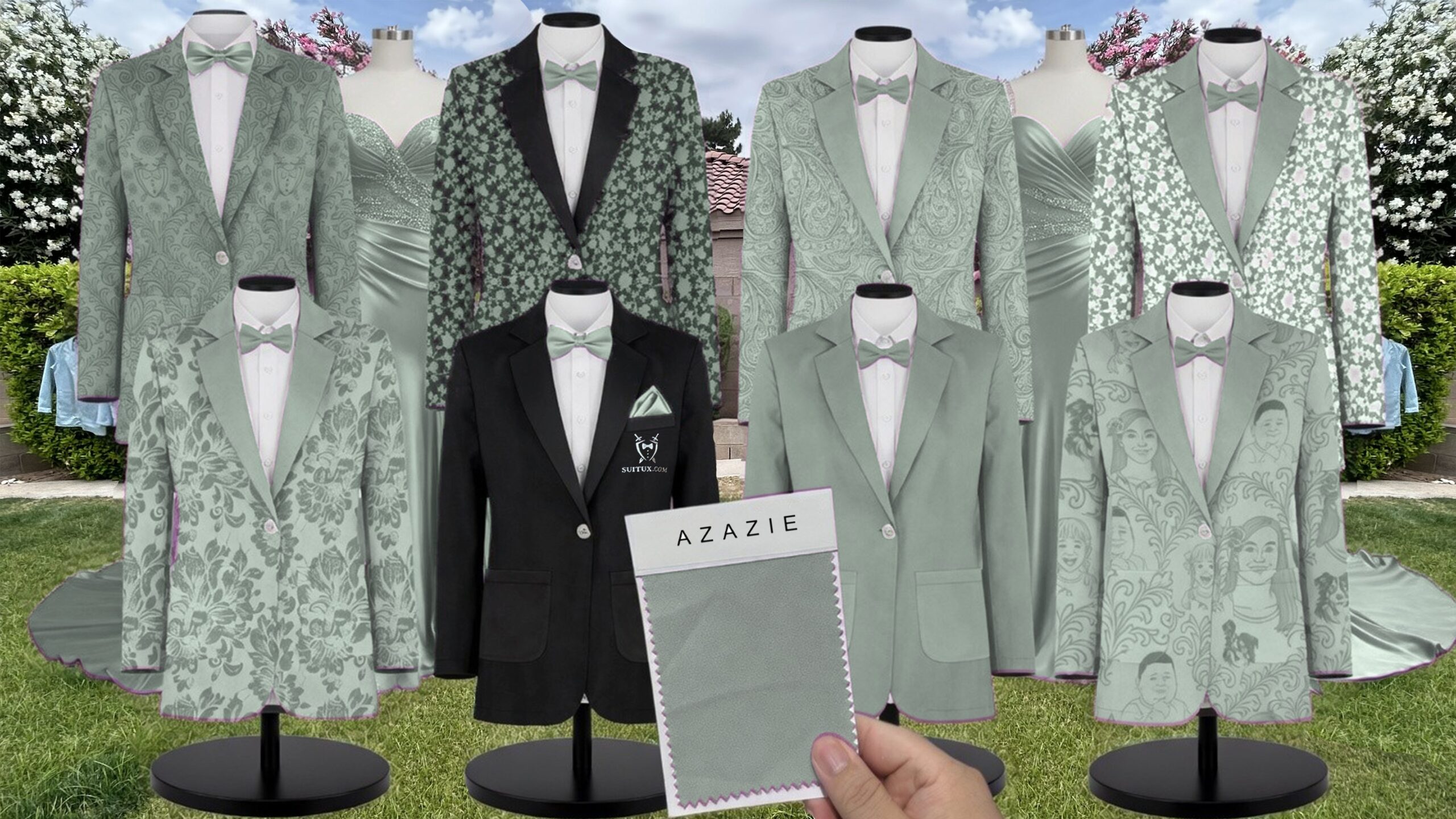 Azazie Stretch Satin Silver Sage Suit and Tuxedo – Exact Color Match for Azazie Dresses
