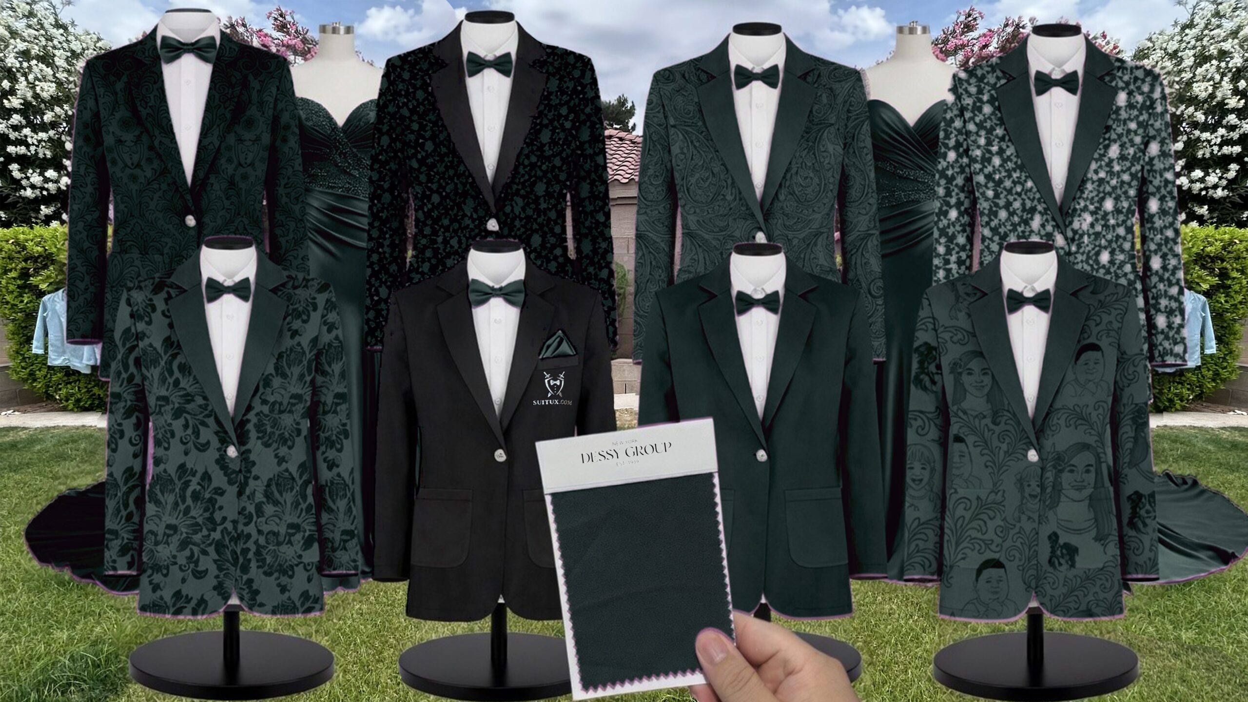 Evergreen Whisper Satin Suit and Tuxedo – Exact Color Match for Dessy Bridesmaid Dresses