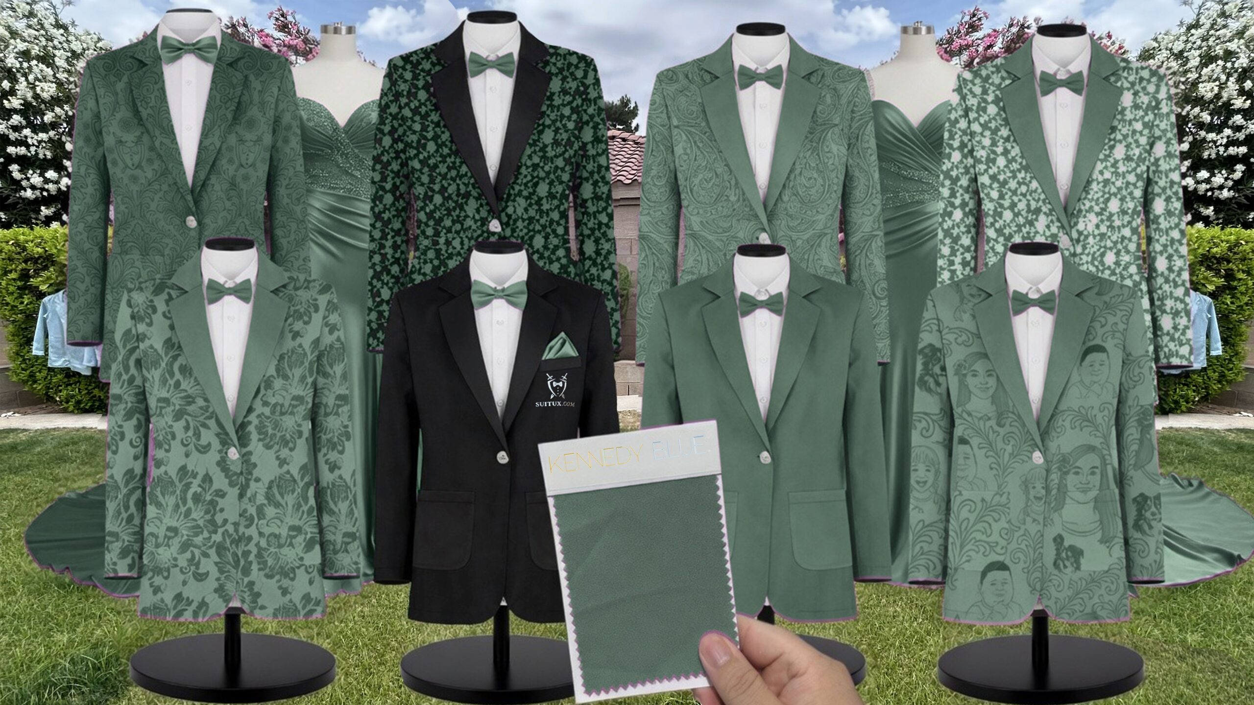 Eucalyptus Velvet Suit and Tuxedo – Exact Color Match for Kennedy Blue Bridesmaid Dresses