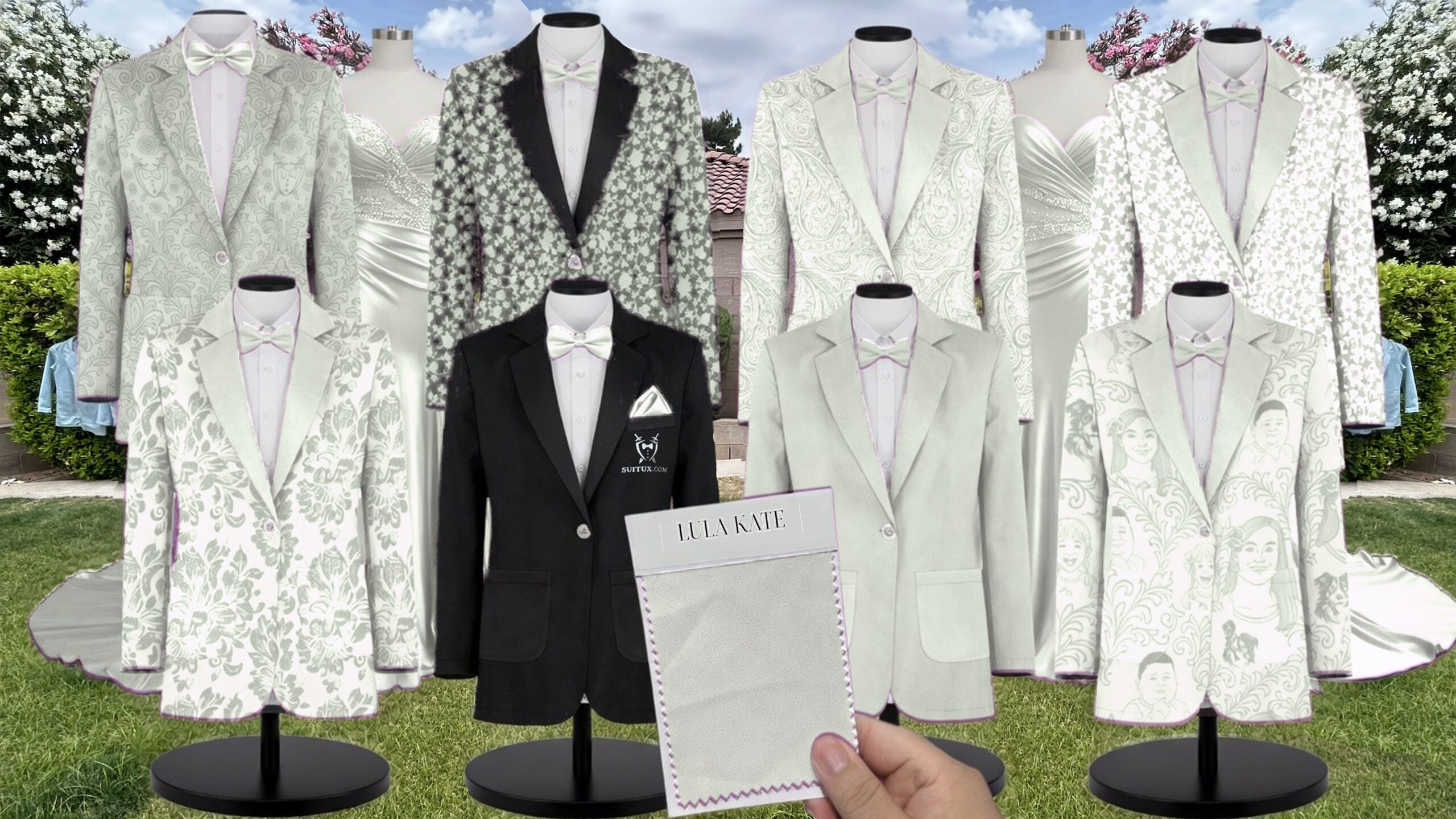 White Lily of the Valley Jacquard Suit and Tuxedo – Exact Color Match for LulaKate Bridesmaid Dresses