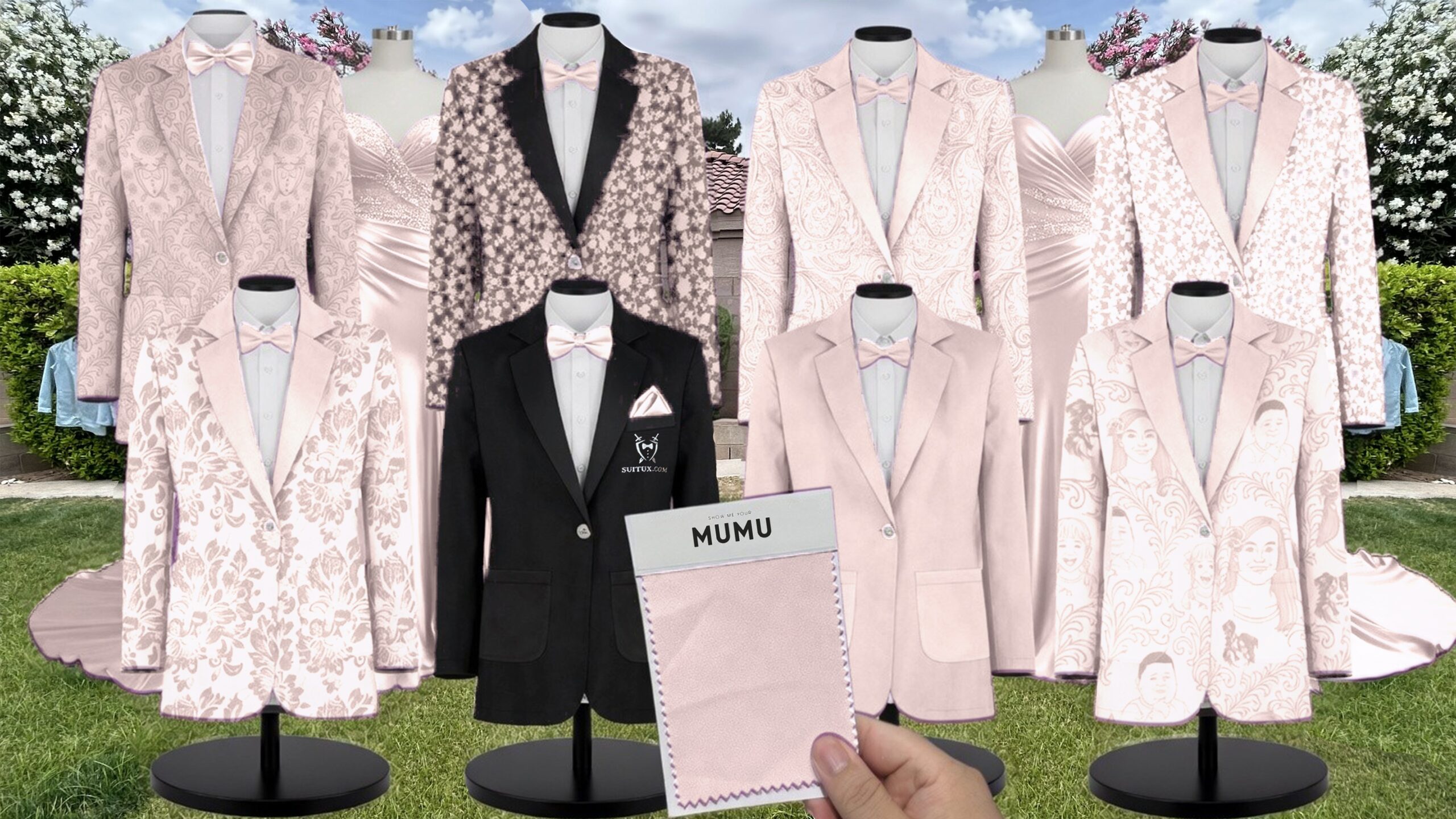 Dusty Blush Stretch Satin Suit and Tuxedo – Exact Color Match for Show Me Your Mumu Bridesmaid Dresses