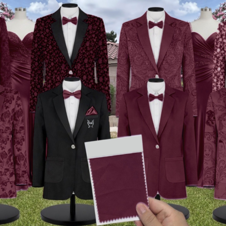Burgundy Velvet Suit and Tuxedo – Exact Color Match for AW Bridal Bridesmaid Dresses