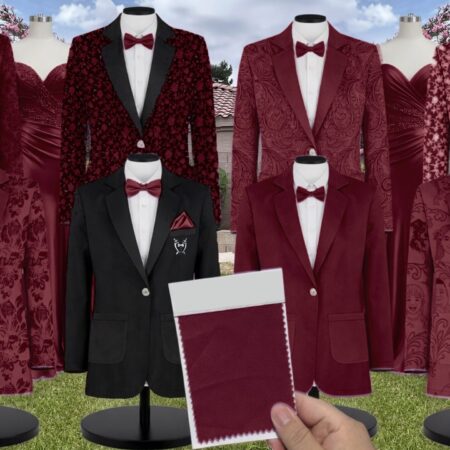 Deep Claret Charmeuse Suit and Tuxedo – Exact Color Match for AW Bridal Bridesmaid Dresses