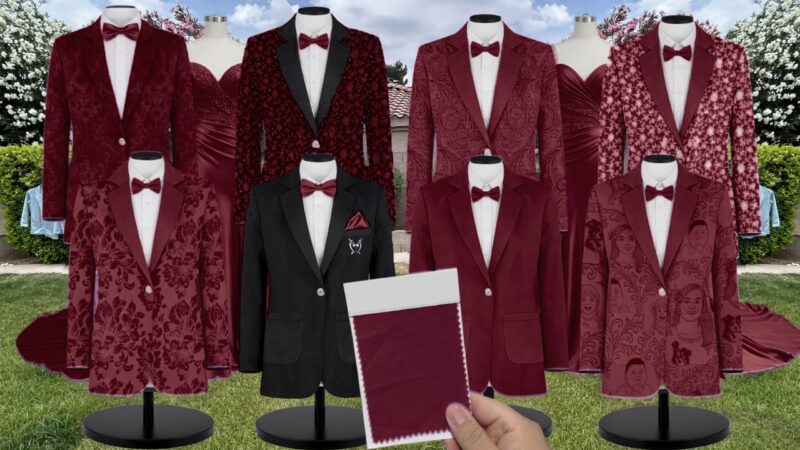 Deep Claret Charmeuse Suit and Tuxedo – Exact Color Match for AW Bridal Bridesmaid Dresses