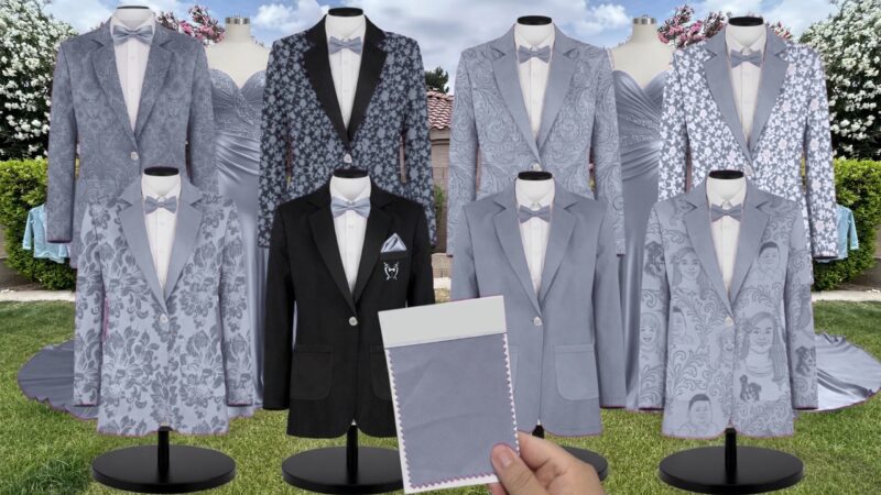 Dusty Blue Charmeuse Suit and Tuxedo – Exact Color Match for AW Bridal Bridesmaid Dresses