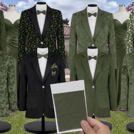 Green Olive Charmeuse Suit and Tuxedo – Exact Color Match for AW Bridal Bridesmaid Dresses