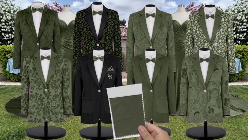 Green Olive Charmeuse Suit and Tuxedo – Exact Color Match for AW Bridal Bridesmaid Dresses