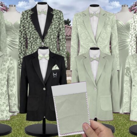 Mottled Moss Green Charmeuse Suit and Tuxedo – Exact Color Match for AW Bridal Bridesmaid Dresses