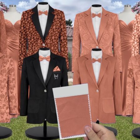 Raw Sienna Charmeuse Suit and Tuxedo – Exact Color Match for AW Bridal Bridesmaid Dresses
