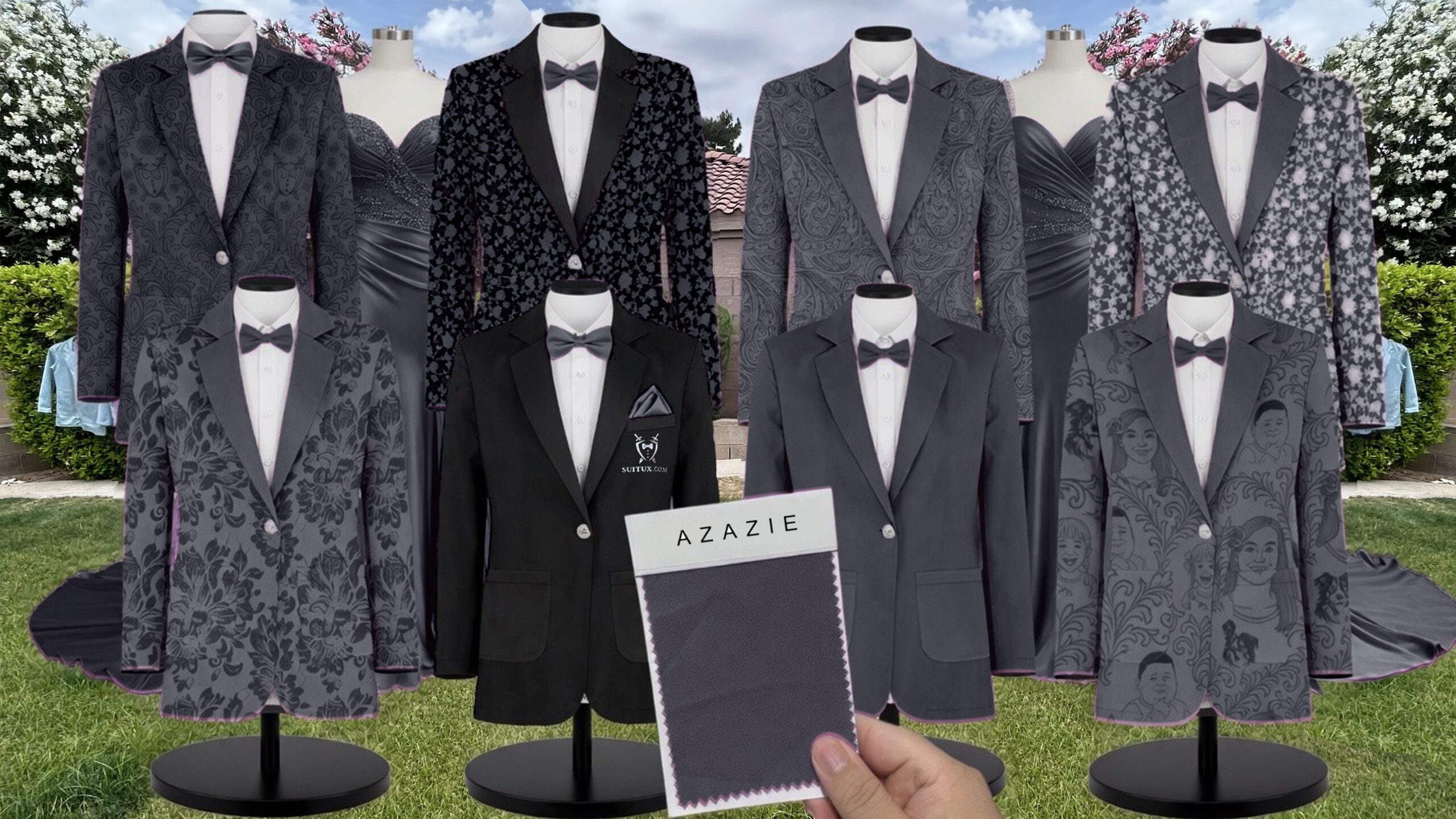Bermuda Shrubbery Suit and Tuxedo – Exact Color Match for Azazie Bridesmaid Dresses