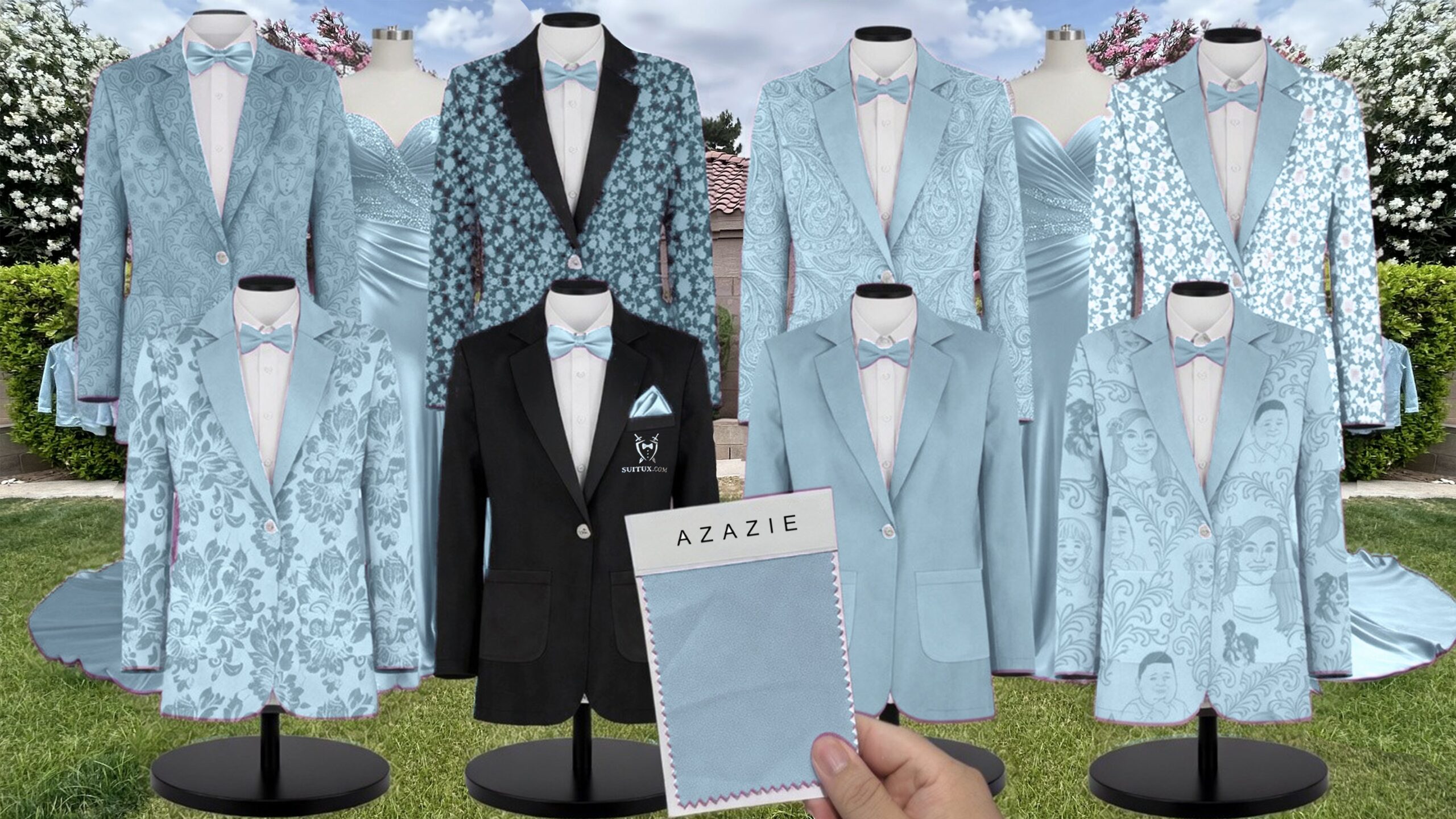 Azazie Chiffon Blue Fern Floral Suit and Tuxedo – Exact Color Match for Azazie Dresses