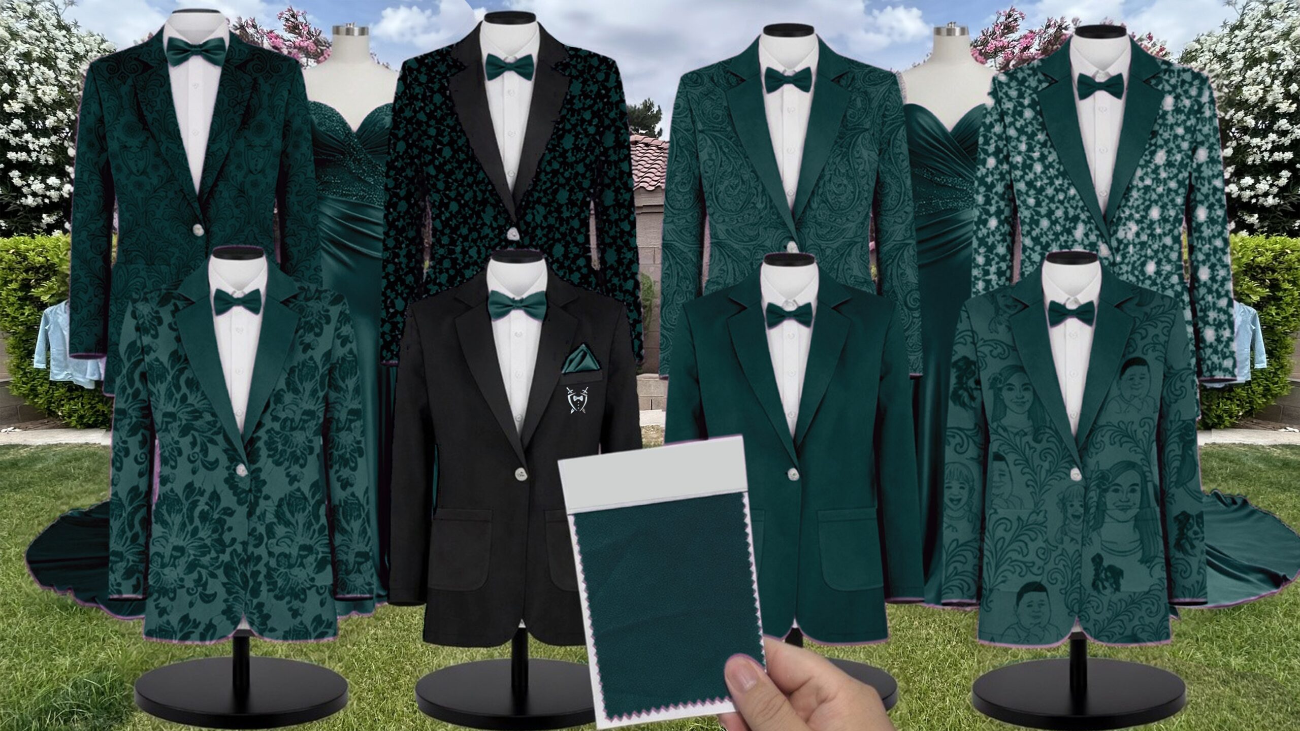 Azazie Stretch Satin Emerald Suit and Tuxedo – Exact Color Match for Azazie Dresses