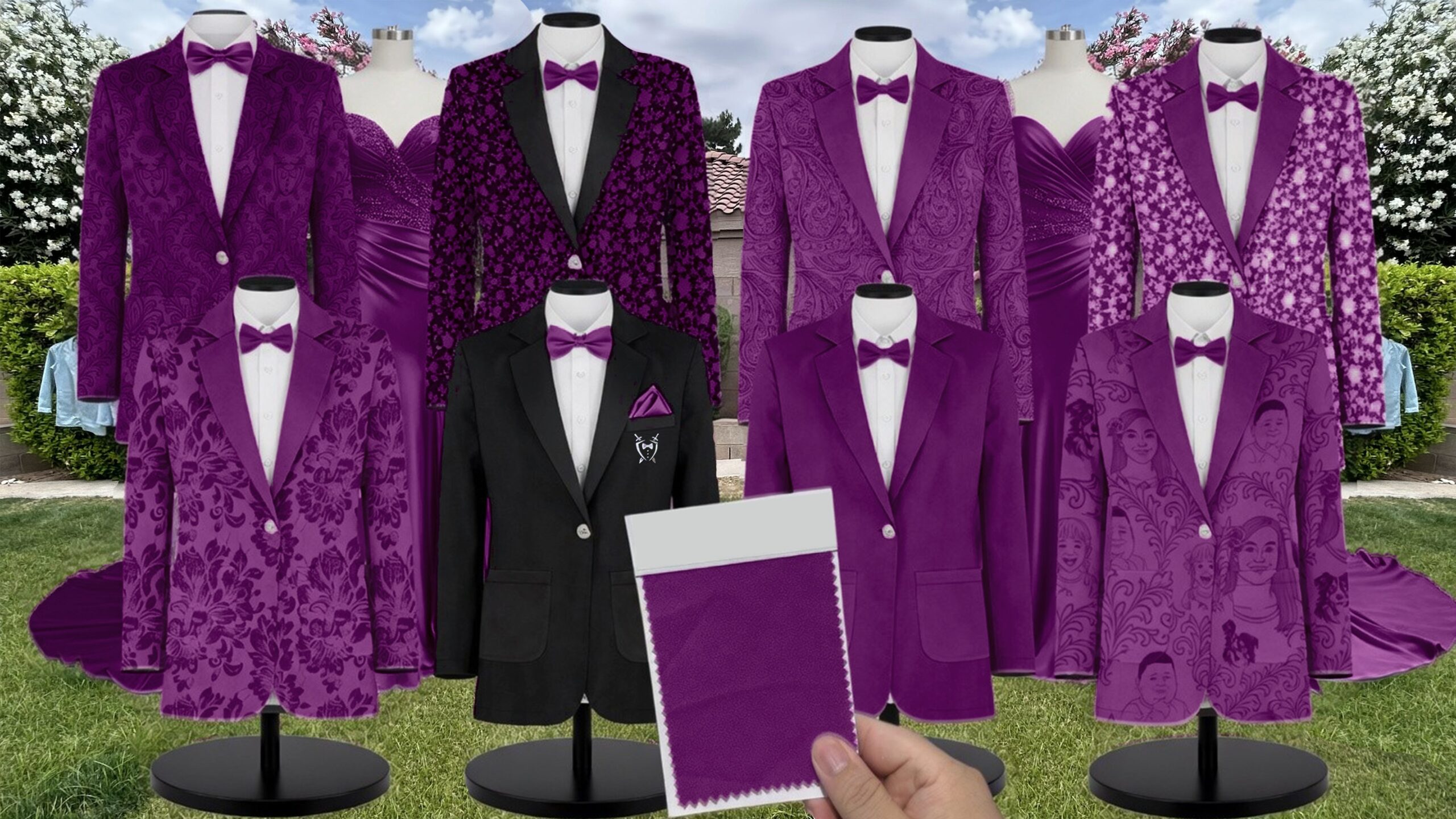 Azazie Stretch Satin Plum Suit and Tuxedo – Exact Color Match for Azazie Dresses