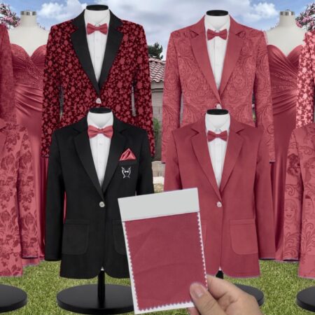 Azazie Stretch Satin Pomegranate Suit and Tuxedo – Exact Color Match for Azazie Dresses