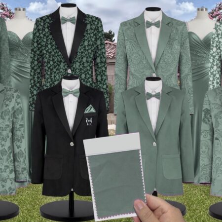 Azazie Stretch Satin Sea Moss Suit and Tuxedo – Exact Color Match for Azazie Dresses