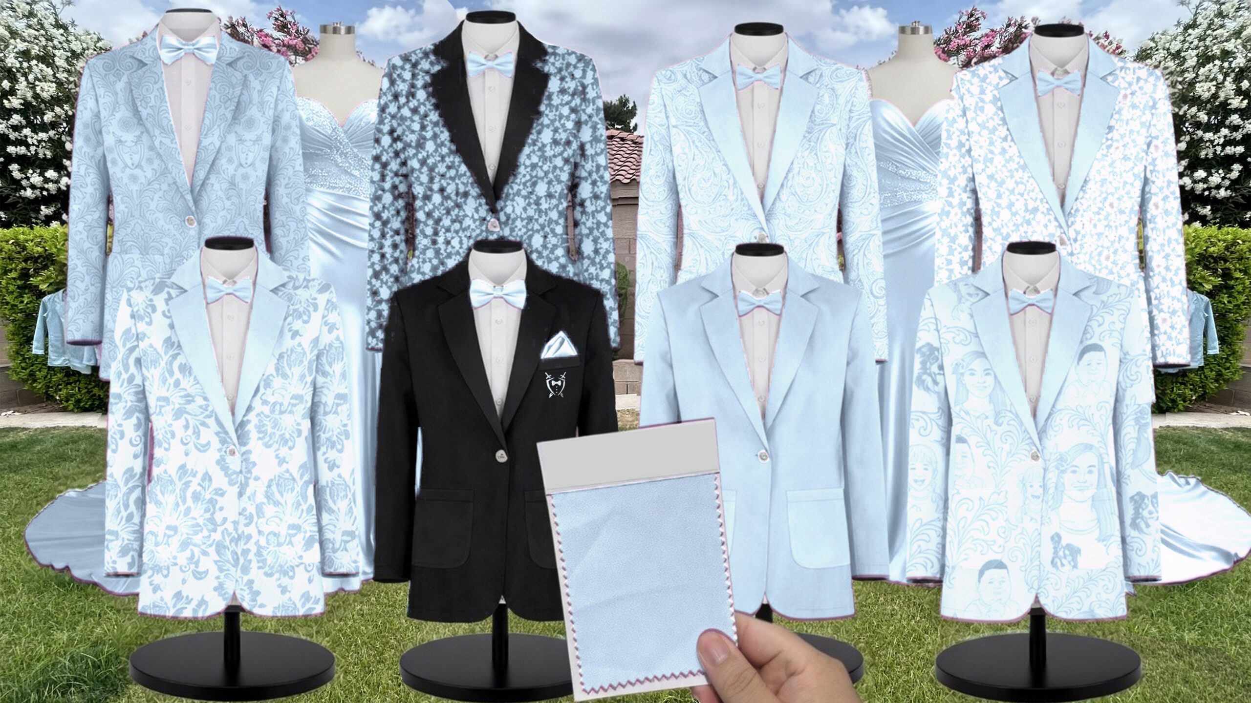 Azazie Floral Burnout Sky Blue Suit and Tuxedo – Exact Color Match for Azazie Dresses