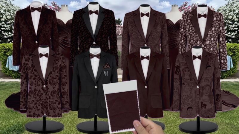 Clove Katelyn Velvet Suit and Tuxedo – Exact Color Match for Baltic Born Bridesmaid Dresses