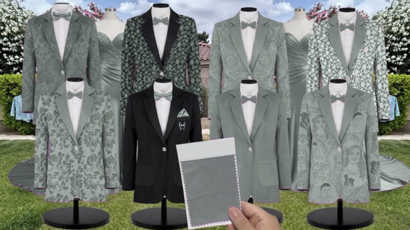 Eucalyptus Marseille Embossed Suit and Tuxedo – Exact Color Match for Baltic Born Bridesmaid Dresses