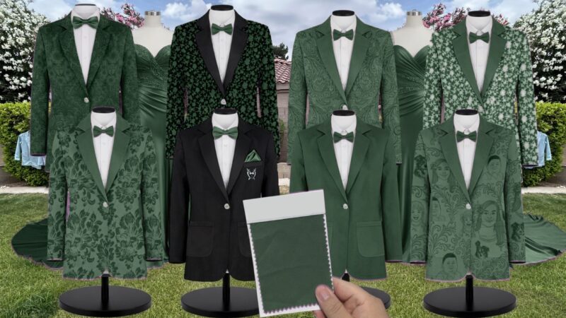 Evergreen Sierra Chiffon Suit and Tuxedo – Exact Color Match for Baltic Born Bridesmaid Dresses