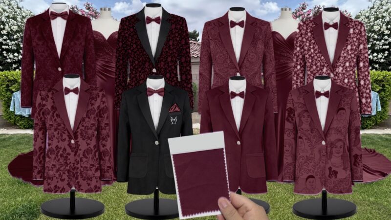 Mulberry Leslie Velvet Suit and Tuxedo – Exact Color Match for Baltic Born Bridesmaid Dresses