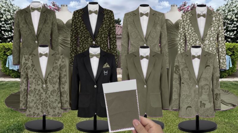 Olive Tatiana Velvet Suit and Tuxedo – Exact Color Match for Baltic Born Bridesmaid Dresses