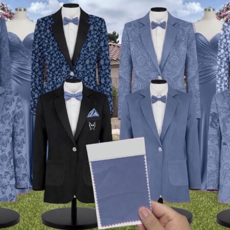 Whisper Blue Kia Chiffon Suit and Tuxedo – Exact Color Match for Baltic Born Bridesmaid Dresses