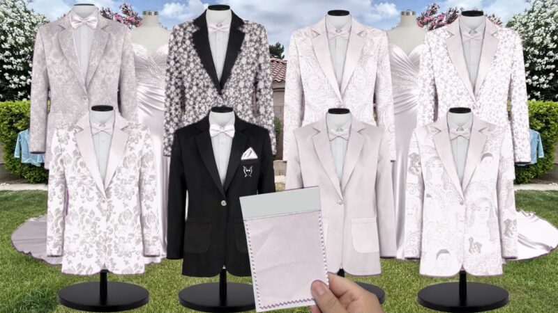 White Marseille Embossed Suit and Tuxedo – Exact Color Match for Baltic Born Bridesmaid Dresses