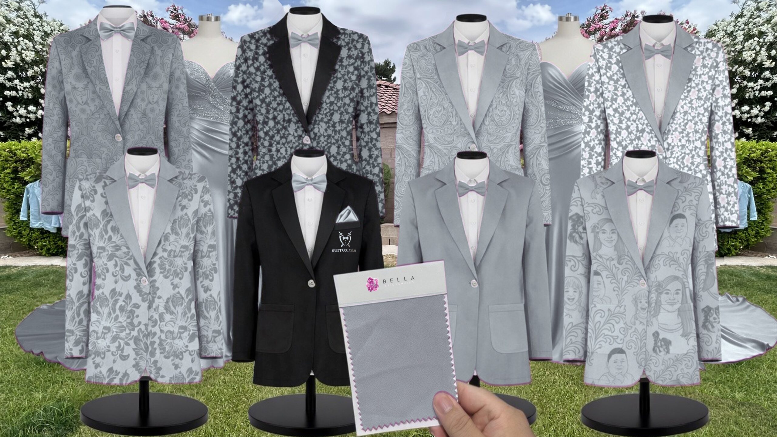 Caspian Sea White Vines Suit and Tuxedo – Exact Color Match for Bella Bridesmaids Bridesmaid Dresses