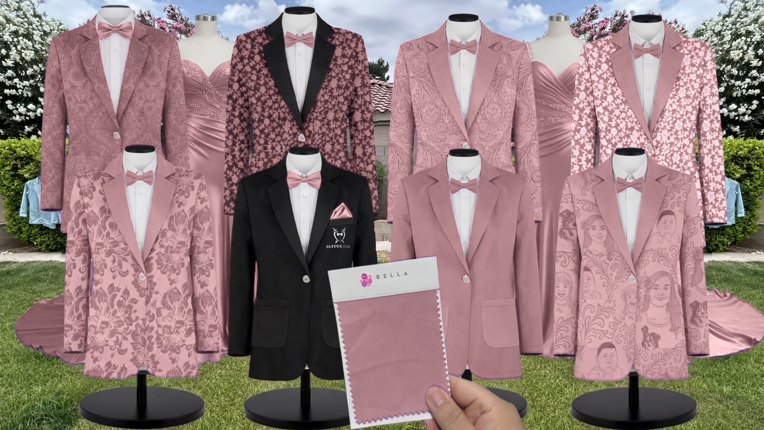 Dark Cherry White Vines Suit and Tuxedo – Exact Color Match for Bella Bridesmaids Bridesmaid Dresses