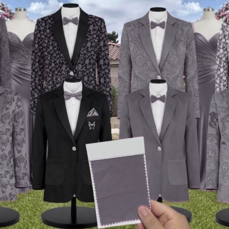Slate Paisley Suit and Tuxedo – Exact Color Match for Bella Bridesmaids Wedding Dresses