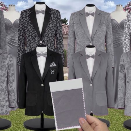 Whisper Paisley Suit and Tuxedo – Exact Color Match for Bella Bridesmaids Wedding Dresses
