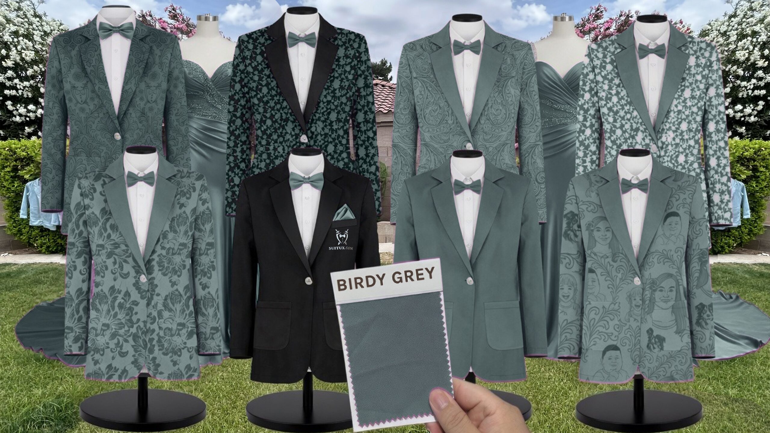 Aquamarine Paisley Suit and Tuxedo – Exact Color Match for Birdy Grey Bridesmaid Dresses