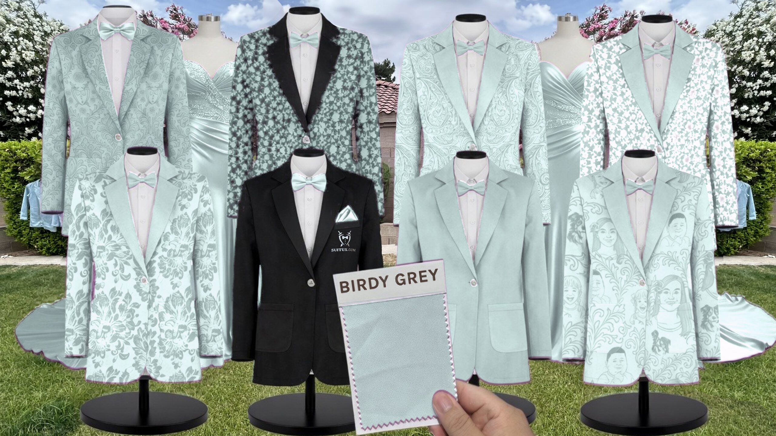 Aquamarine White Vines Suit and Tuxedo – Exact Color Match for Birdy Grey Bridesmaid Dresses