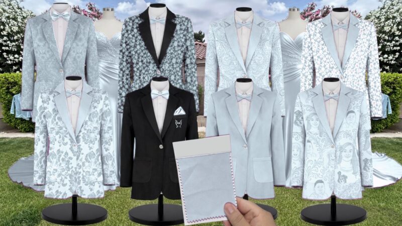 Blue Dreamy Ditsy Chiffon Suit and Tuxedo – Exact Color Match for Birdy Grey Bridesmaid Dresses
