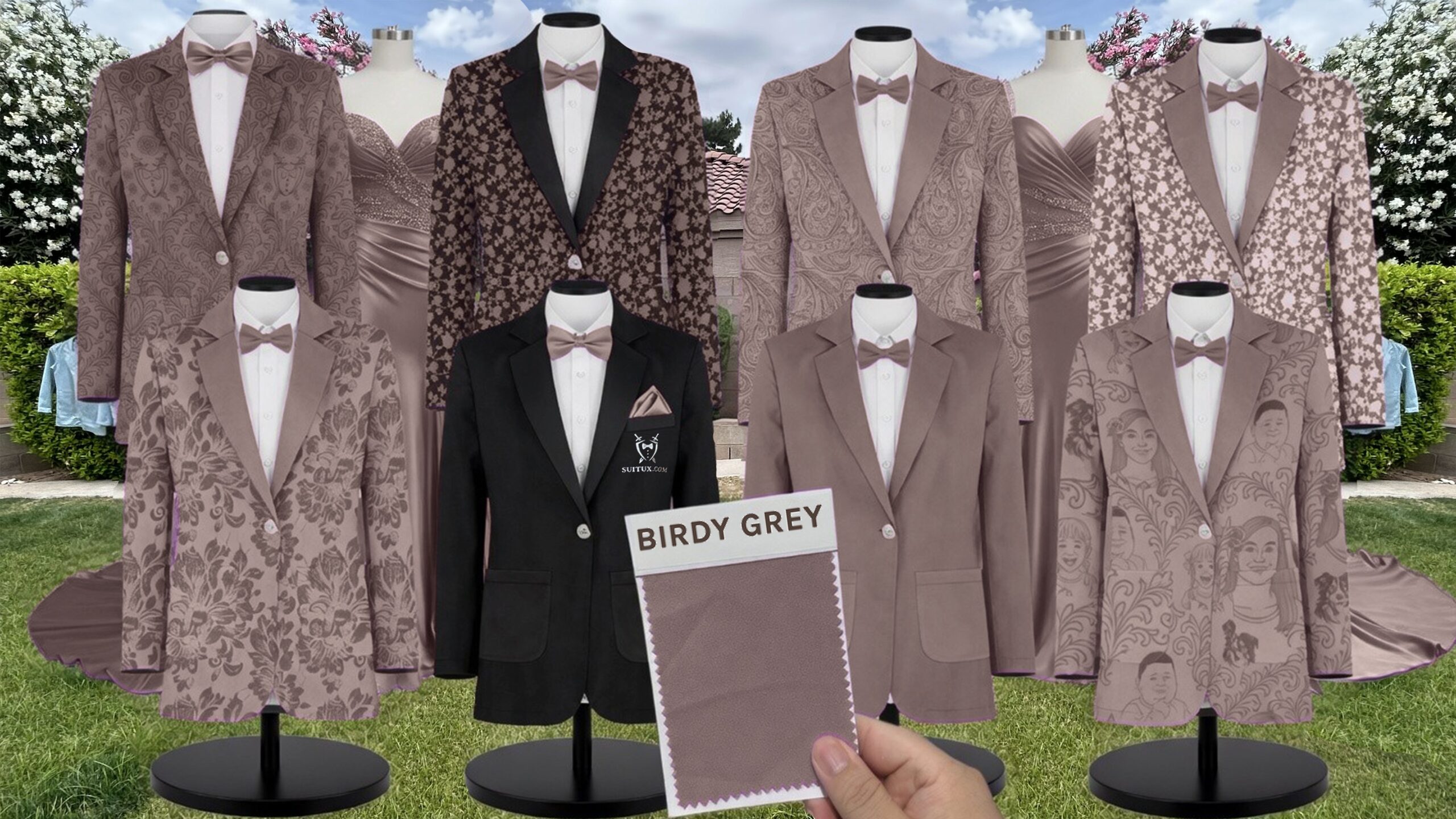 Blush Pink Black Vines Suit and Tuxedo – Exact Color Match for Birdy Grey Bridesmaid Dresses