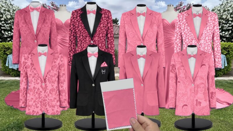 Bon Bon Pink Matte Satin Suit and Tuxedo – Exact Color Match for Birdy Grey Bridesmaid Dresses