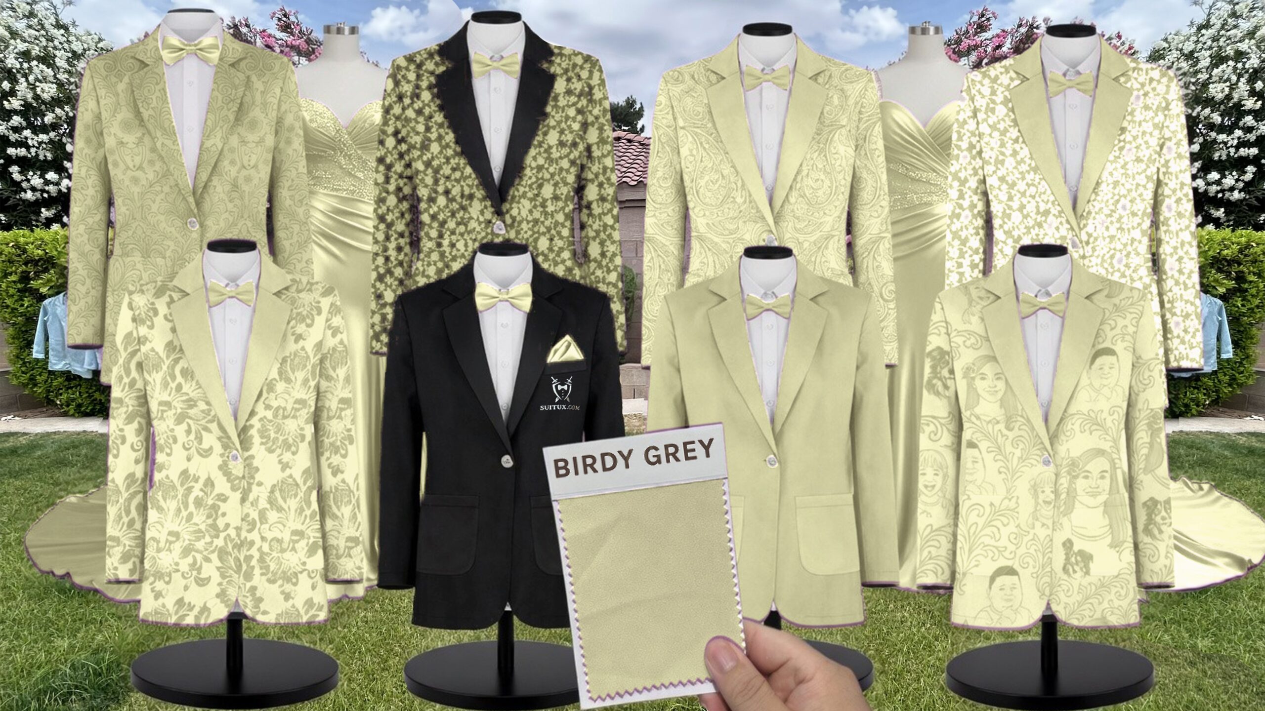 Chartreuse White Vines Suit and Tuxedo – Exact Color Match for Birdy Grey Bridesmaid Dresses
