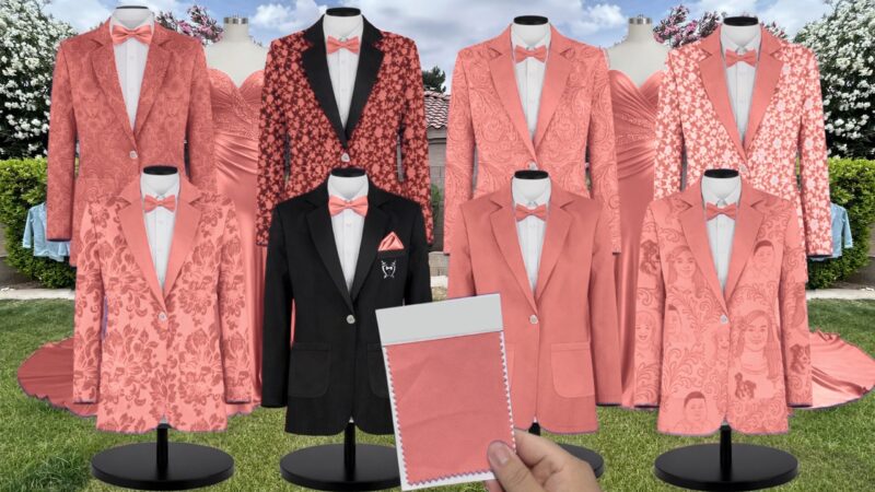 Coral Pink Matte Satin Suit and Tuxedo – Exact Color Match for Birdy Grey Bridesmaid Dresses