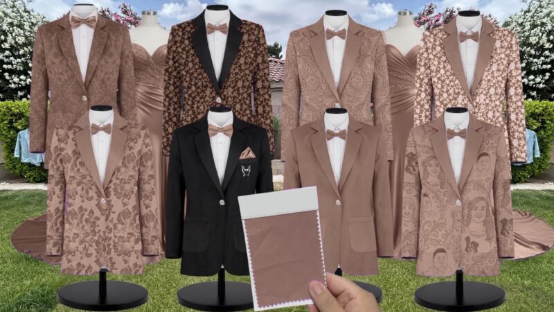 Mocha Shiny Satin Suit and Tuxedo – Exact Color Match for Birdy Grey Bridesmaid Dresses