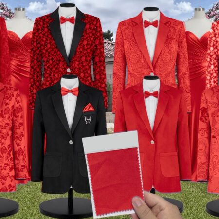 Ruby Red Chiffon Suit and Tuxedo – Exact Color Match for Birdy Grey Bridesmaid Dresses
