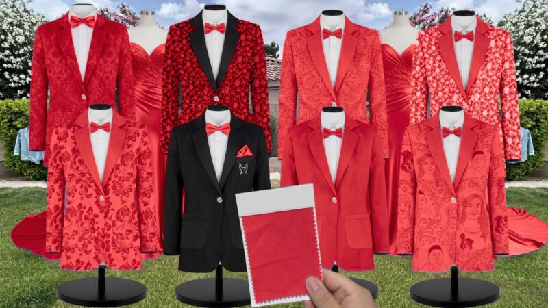 Ruby Red Matte Satin Suit and Tuxedo – Exact Color Match for Birdy Grey Bridesmaid Dresses