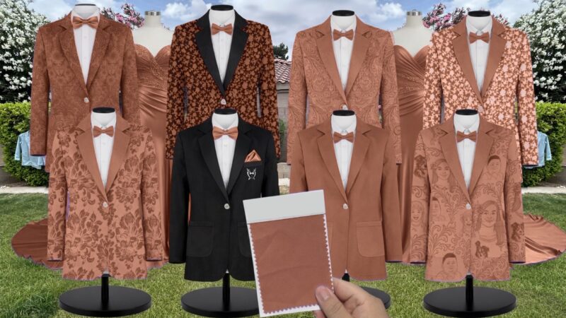 Rust Shiny Satin Suit and Tuxedo – Exact Color Match for Birdy Grey Bridesmaid Dresses
